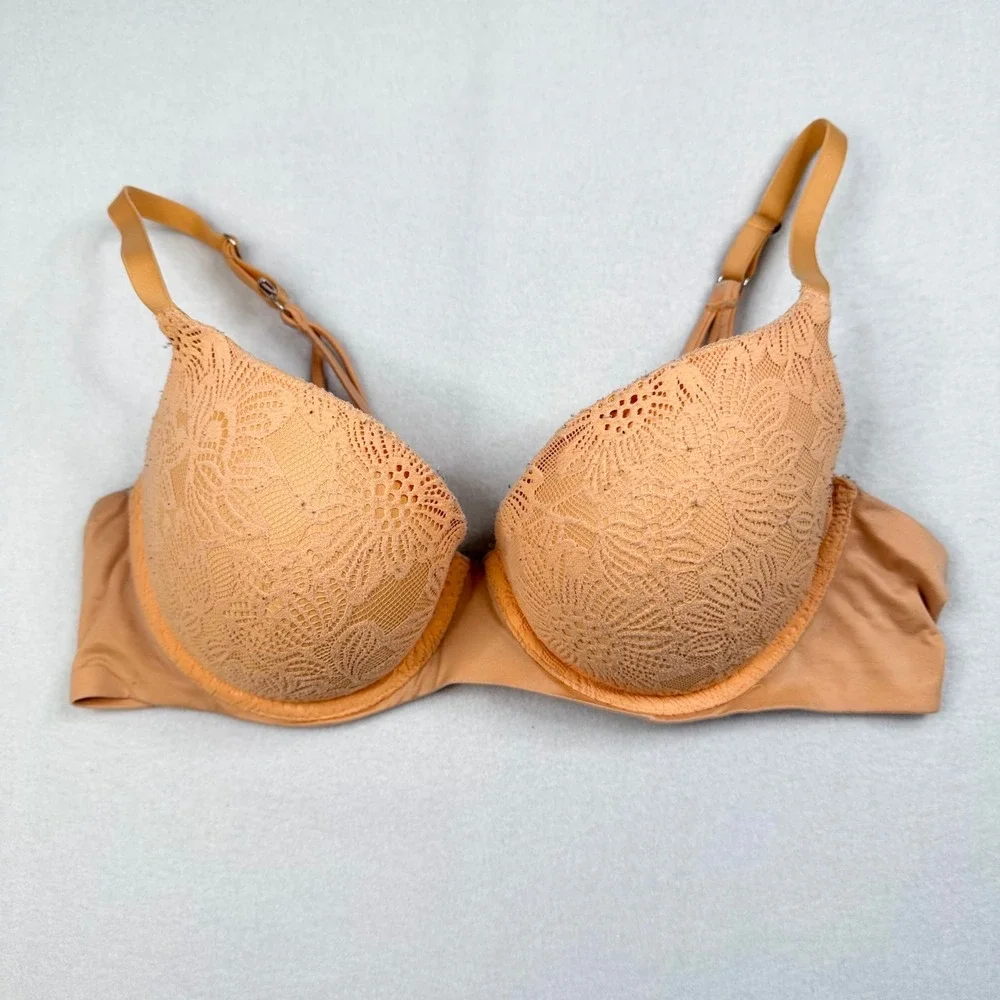 Aerie Real Sunnie Demi Bra 38C Orange Floral Lace Underwire Multi-Strap